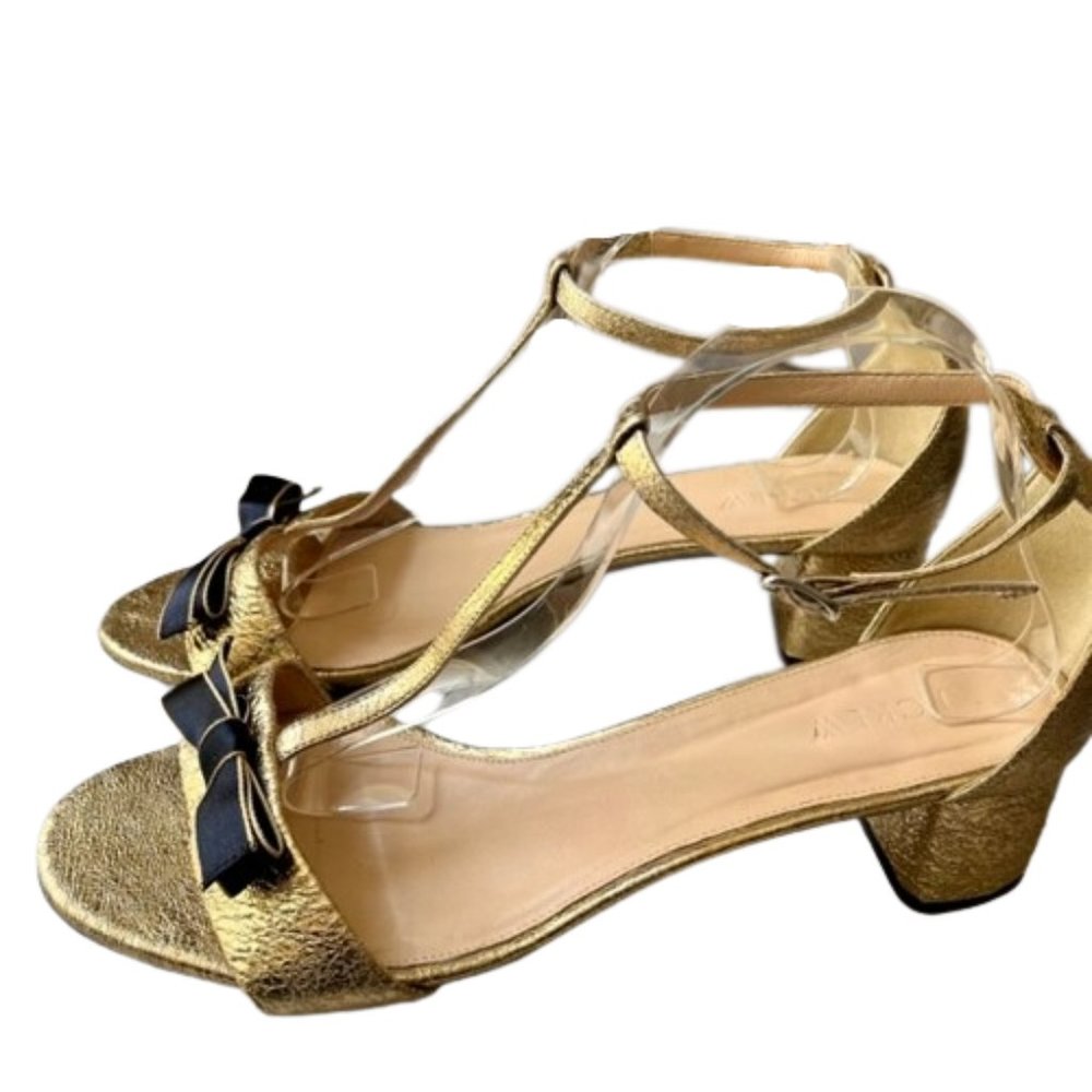 J. Crew Block-Heel T-Strap Sandals in Metallic Gold Leather w/Bow - 11